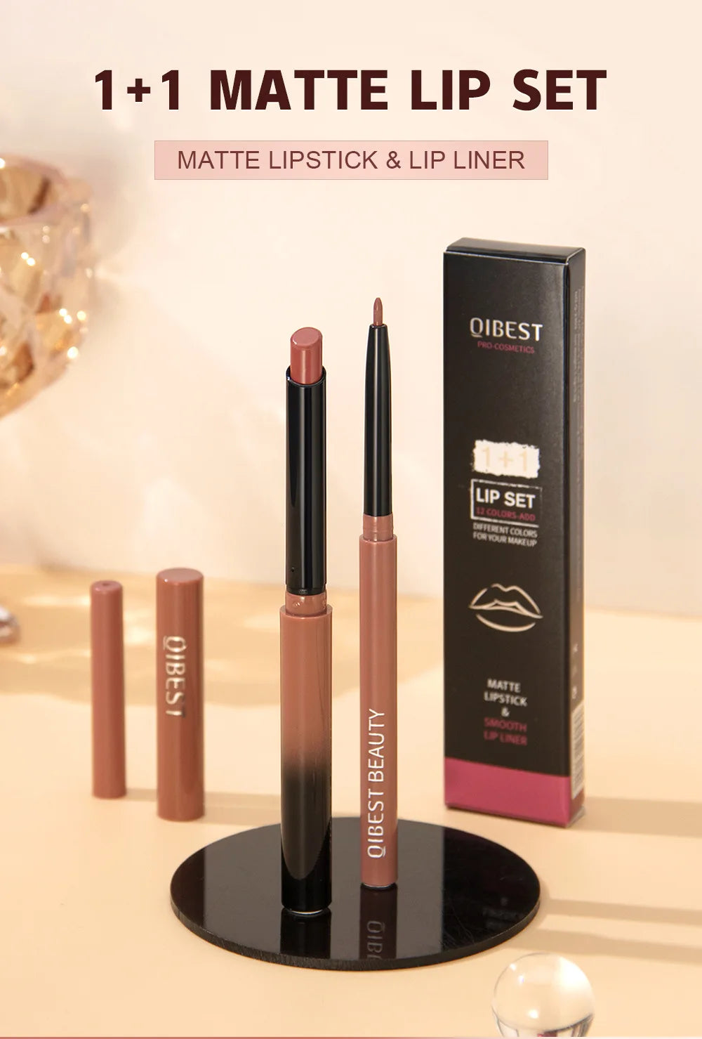 QIBEST Matte Lip Liner & Lipstick Set | Long-Lasting, Waterproof, Non-Fading Nude Lip Pencils |Smudge-Proof & Transfer-Resistant