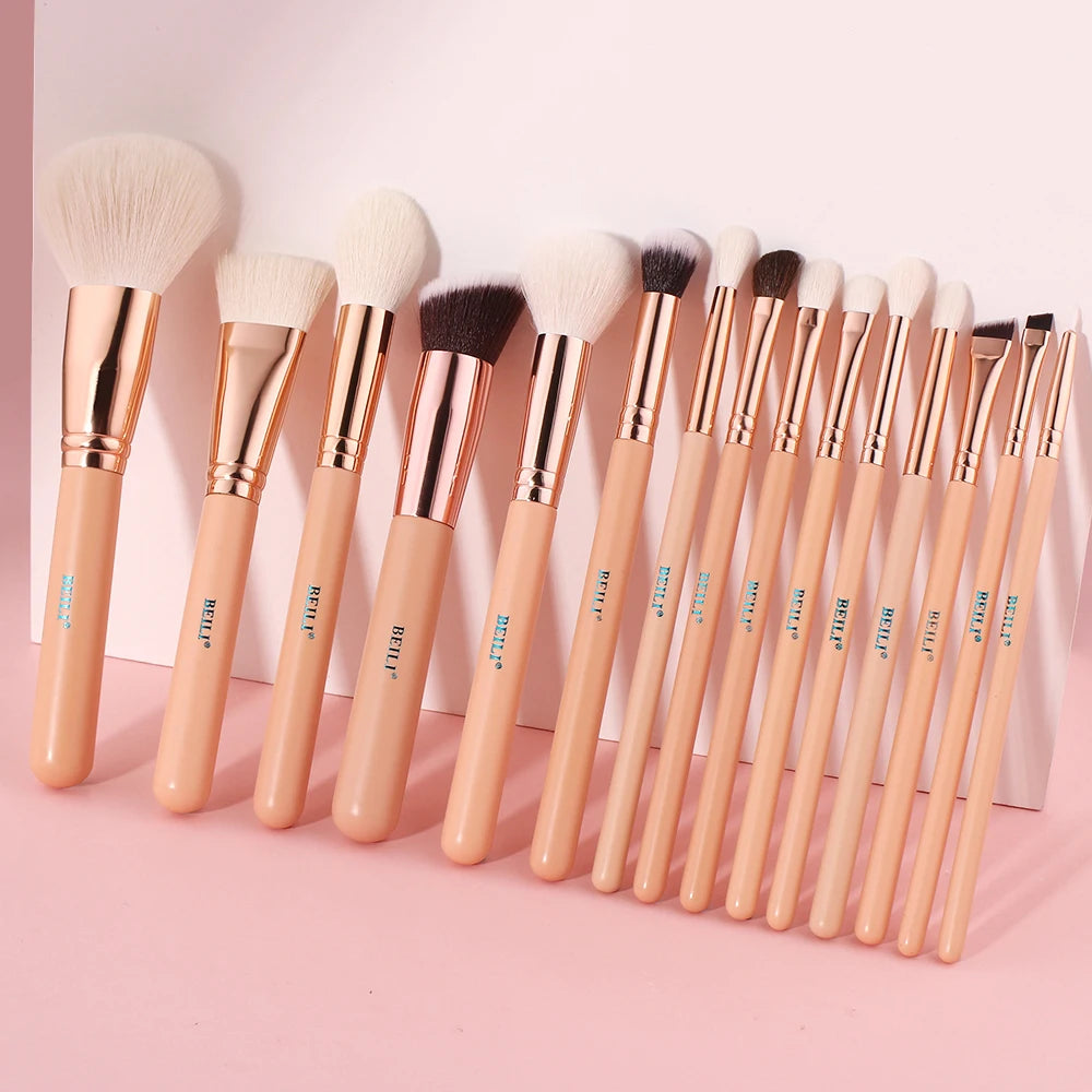 BEILI 15Pcs Rose Gold Makeup Brushes Pink Natural Goat Hair Foundation Powder Blush Eyeshadow Brush Set brochas maquillaje