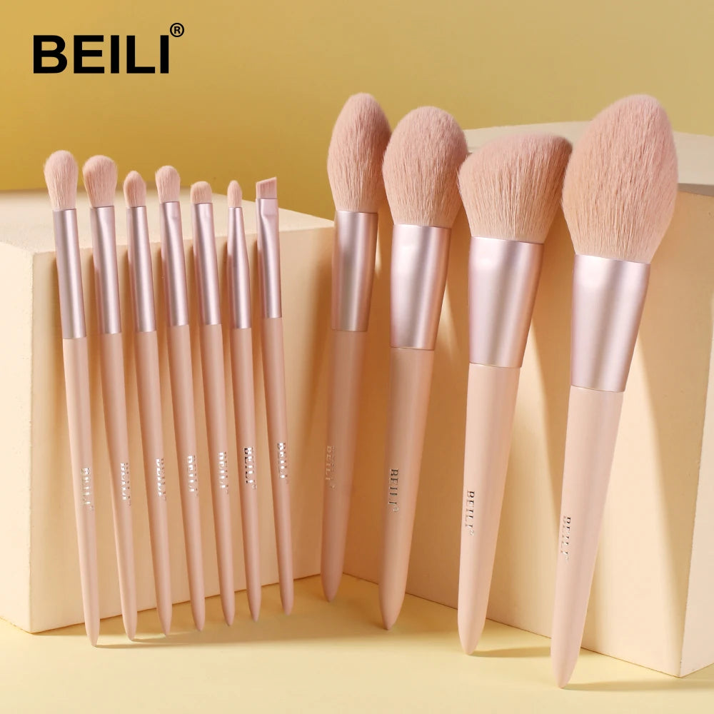 BEILI 15Pcs Rose Gold Makeup Brushes Pink Natural Goat Hair Foundation Powder Blush Eyeshadow Brush Set brochas maquillaje