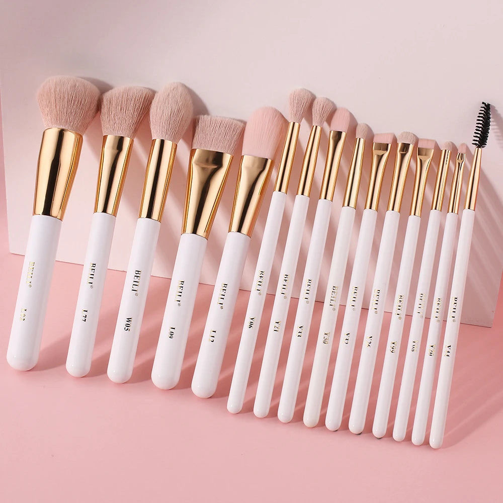 BEILI 15Pcs Rose Gold Makeup Brushes Pink Natural Goat Hair Foundation Powder Blush Eyeshadow Brush Set brochas maquillaje