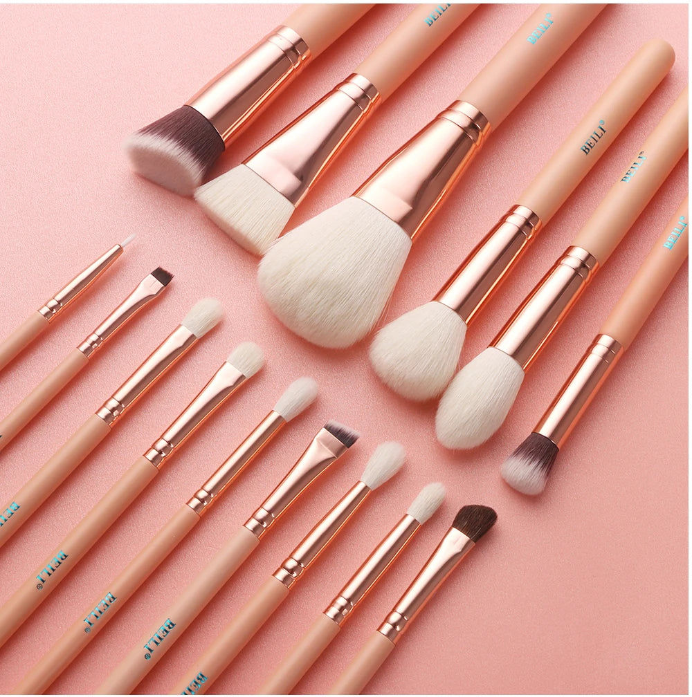 BEILI 15Pcs Rose Gold Makeup Brushes Pink Natural Goat Hair Foundation Powder Blush Eyeshadow Brush Set brochas maquillaje