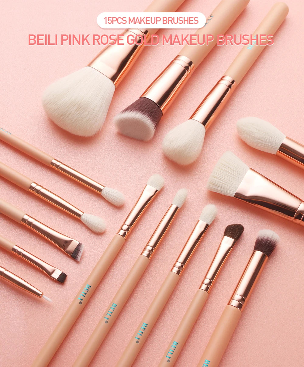 BEILI 15Pcs Rose Gold Makeup Brushes Pink Natural Goat Hair Foundation Powder Blush Eyeshadow Brush Set brochas maquillaje