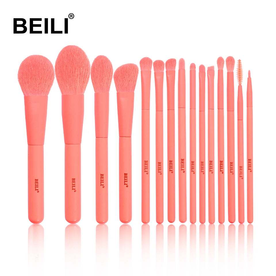 BEILI 15Pcs Rose Gold Makeup Brushes Pink Natural Goat Hair Foundation Powder Blush Eyeshadow Brush Set brochas maquillaje