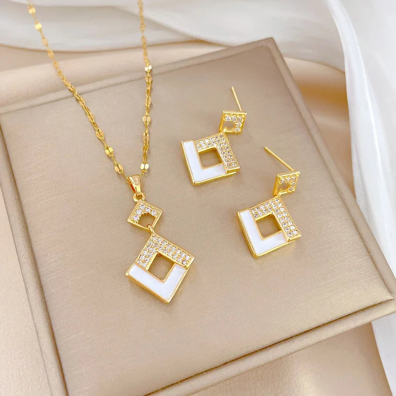 Stainless Steel Austrian Crystal Enamel Square Pendant Jewelry Sets Women African Costume Jewelry Maxi Necklace Earring Set