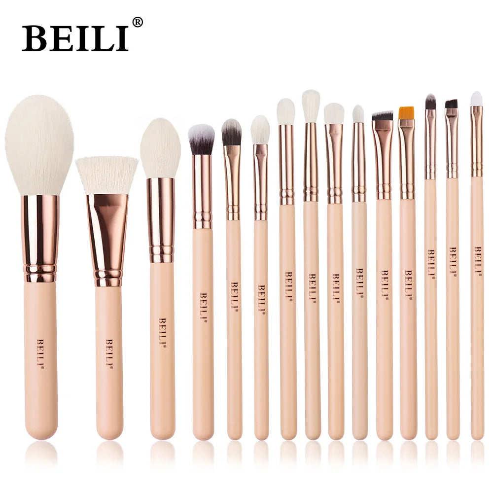 BEILI 15Pcs Rose Gold Makeup Brushes Pink Natural Goat Hair Foundation Powder Blush Eyeshadow Brush Set brochas maquillaje