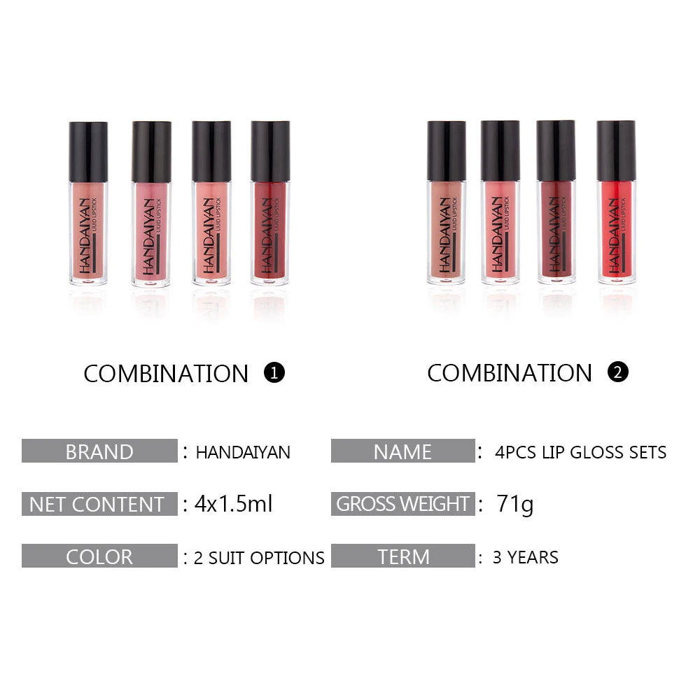 HANDAIYAN 4-Piece NonStick Cup Lip Gloss Set，Lip Tint, Matte Finish, Velvet Liquid Lipstick