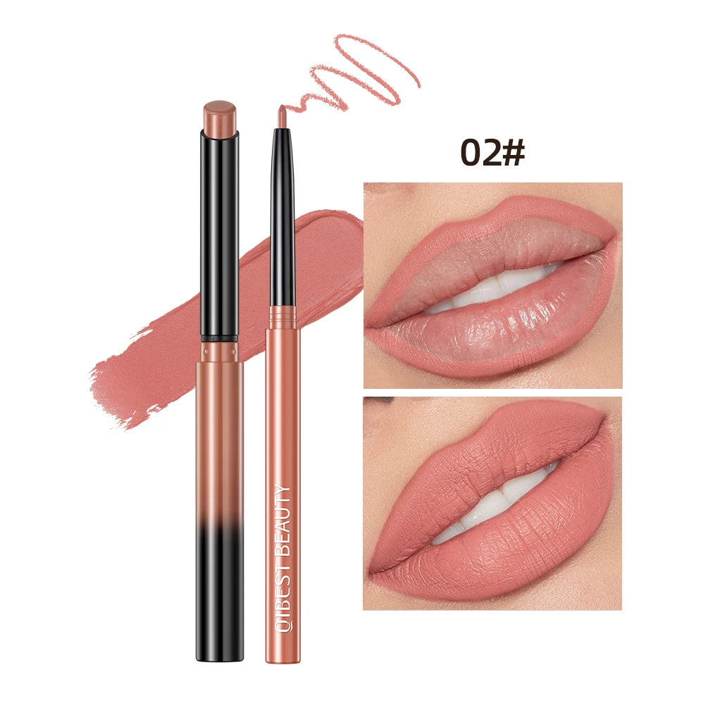 QIBEST 2pcs Lipstick Lipliner Pen Set Matte Nude Lip Liner Pencil Waterproof Long Lasting Lipstick Pen Contour Makeup For Women