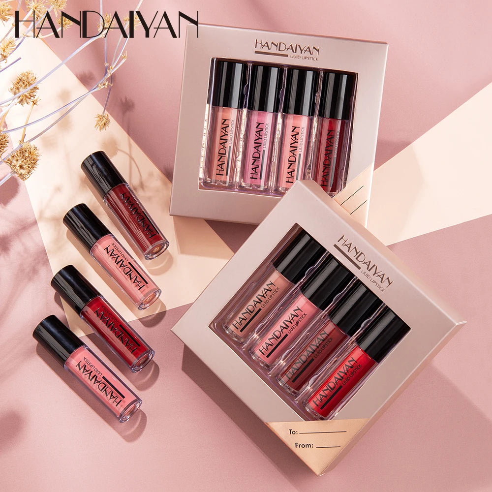 HANDAIYAN 4-Piece NonStick Cup Lip Gloss Set，Lip Tint, Matte Finish, Velvet Liquid Lipstick