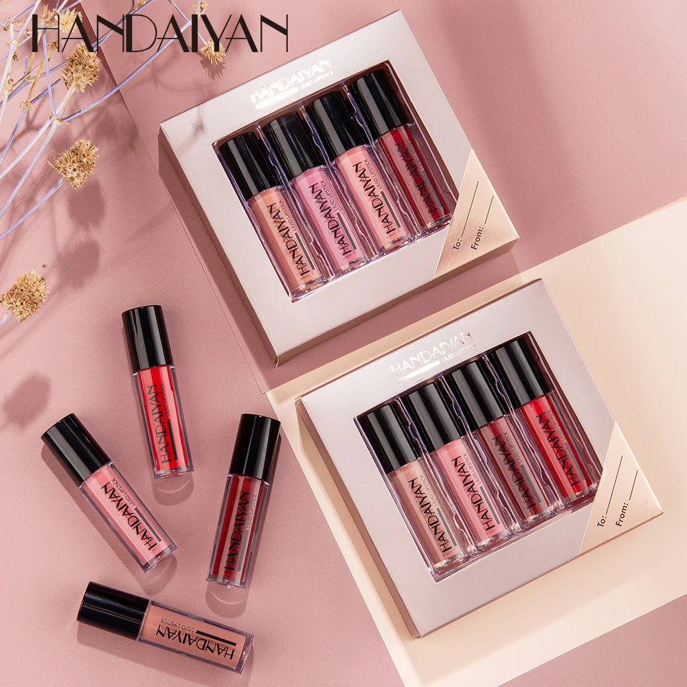 HANDAIYAN 4-Piece NonStick Cup Lip Gloss Set，Lip Tint, Matte Finish, Velvet Liquid Lipstick