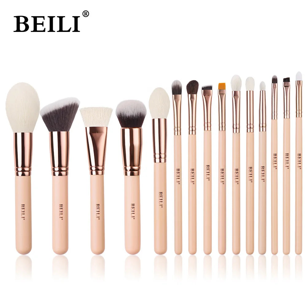 BEILI 15Pcs Rose Gold Makeup Brushes Pink Natural Goat Hair Foundation Powder Blush Eyeshadow Brush Set brochas maquillaje