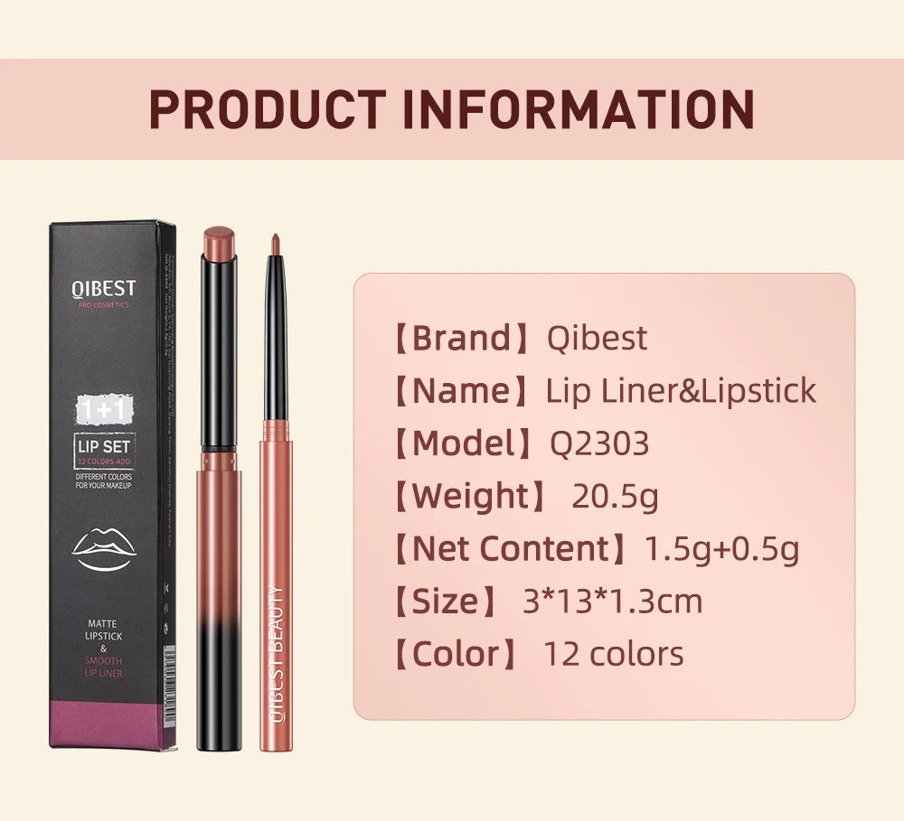 QIBEST 2pcs Lipstick Lipliner Pen Set Matte Nude Lip Liner Pencil Waterproof Long Lasting Lipstick Pen Contour Makeup For Women